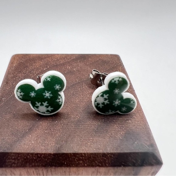 Green Mickey Mouse snowflake stud earrings. Christmas, Winter, Holiday. - Picture 4 of 9